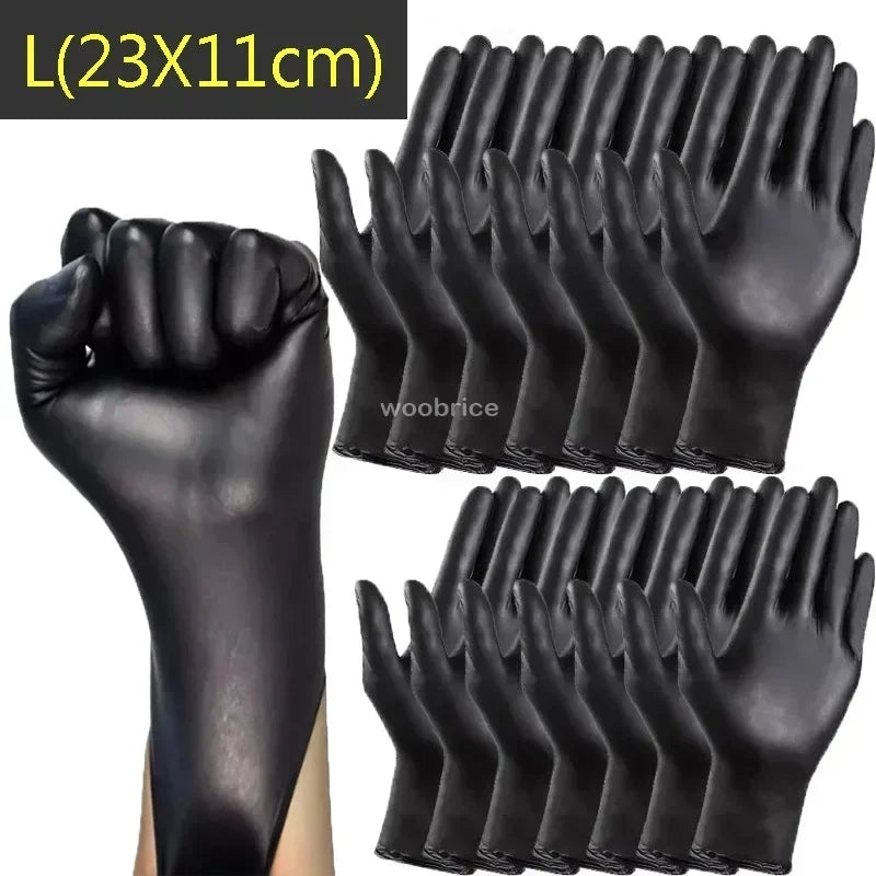 A set of black disposable gloves shown in a hand, ready for use.