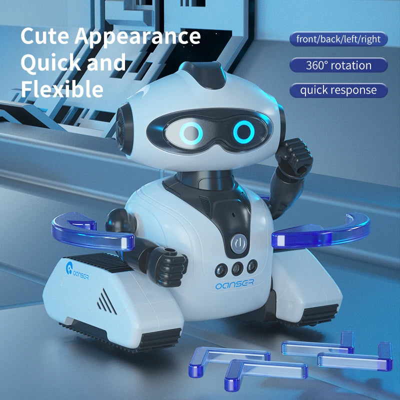 A white interactive gesture-controlled robot toy with blue accents is shown on a desk, demonstrating quick response and flexi
