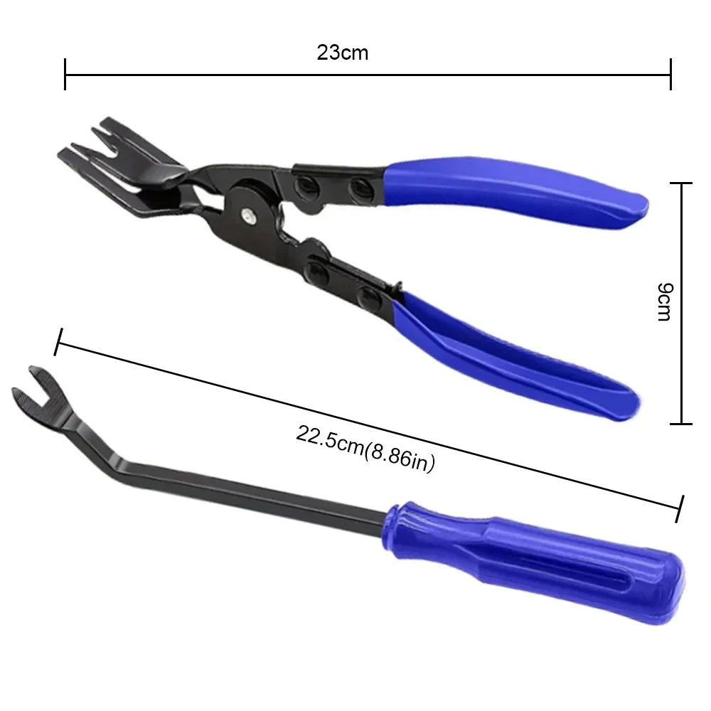 A black and blue automotive trim removal tool kit featuring a clip puller and a separate tool.