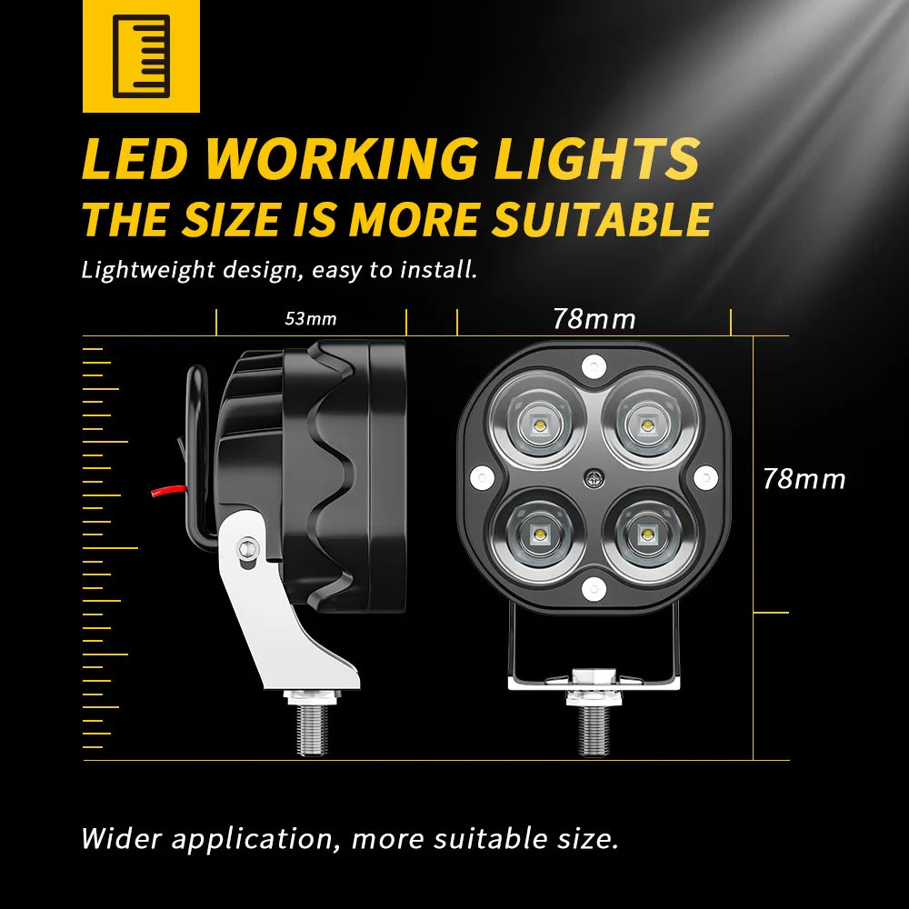A comparison showing the size of LED working lights, illustrating a lighter design for wider application.