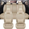 Two beige full coverage PU leather car seat covers shown in a vehicle interior.