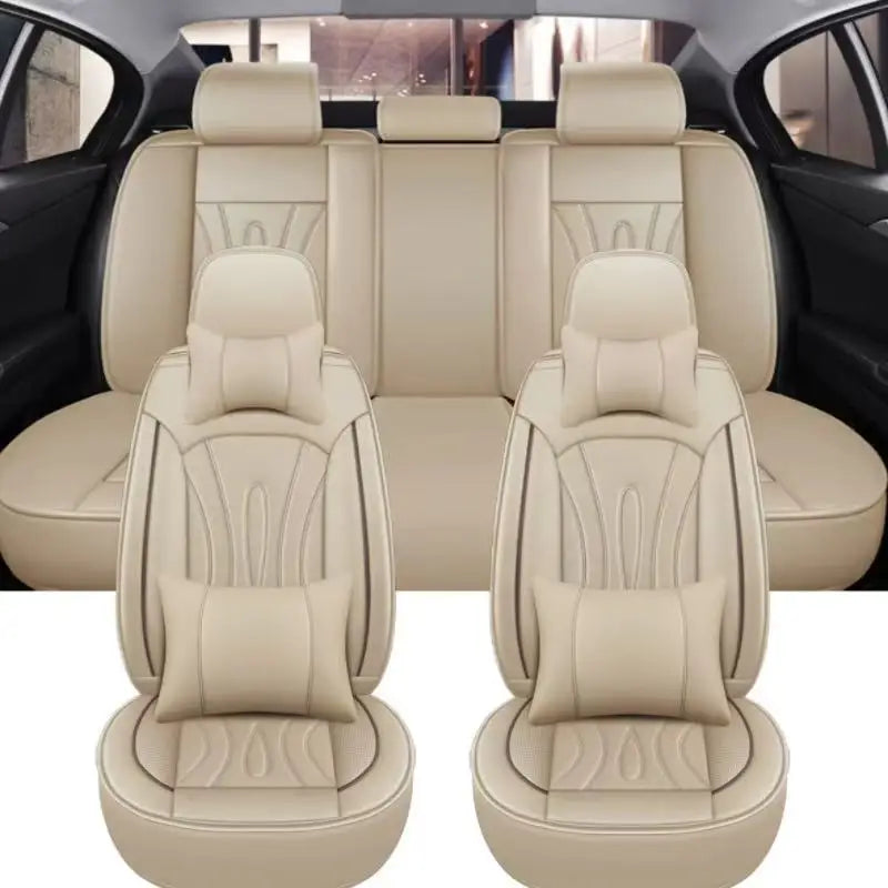 Two beige full coverage PU leather car seat covers shown in a vehicle interior.