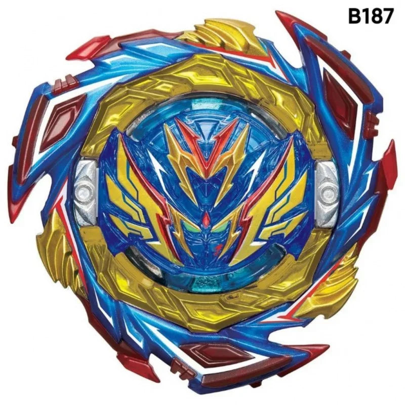 A blue and gold battle spinning top with metal construction.