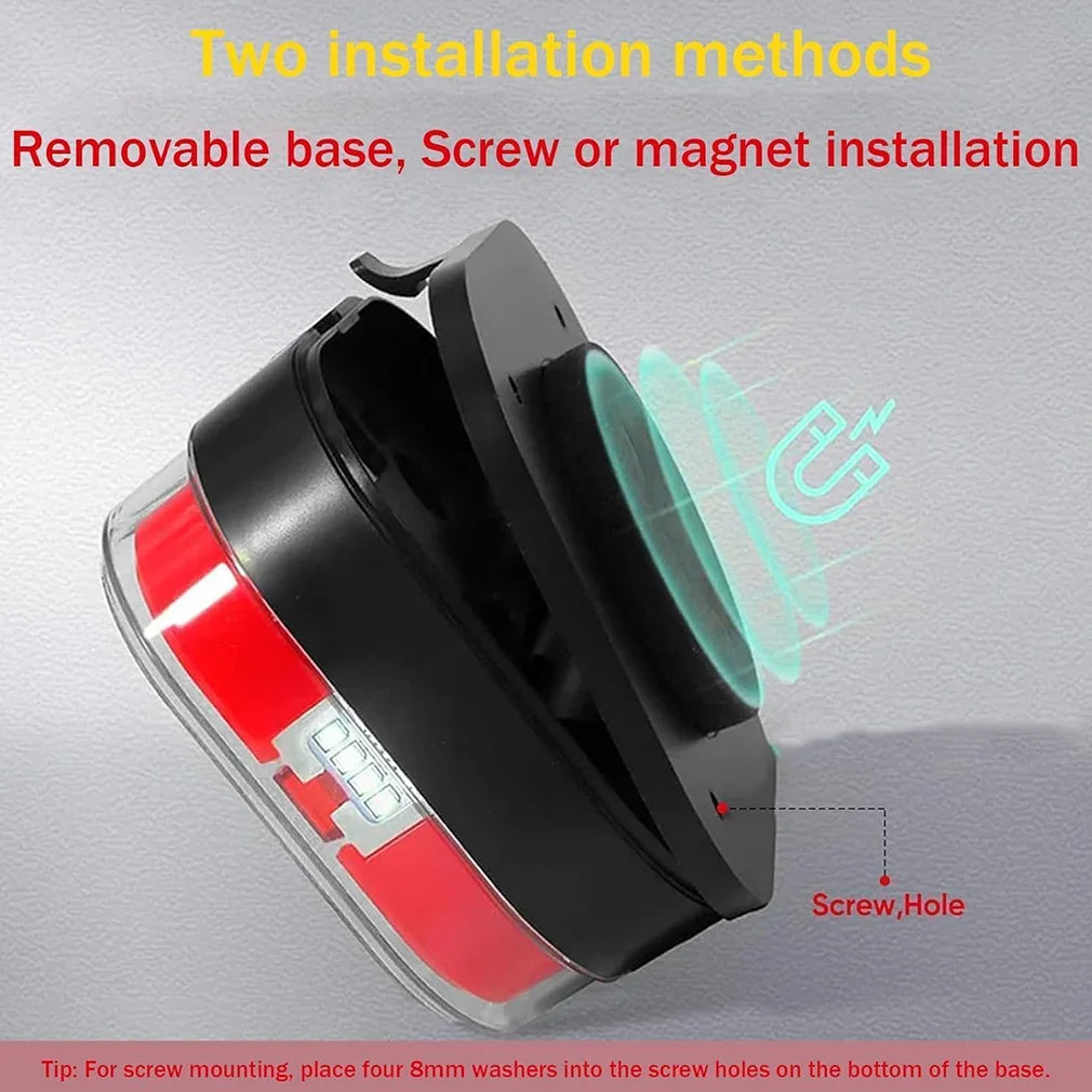 A black trailer tail light assembly showing two installation methods: screw or magnet installation.