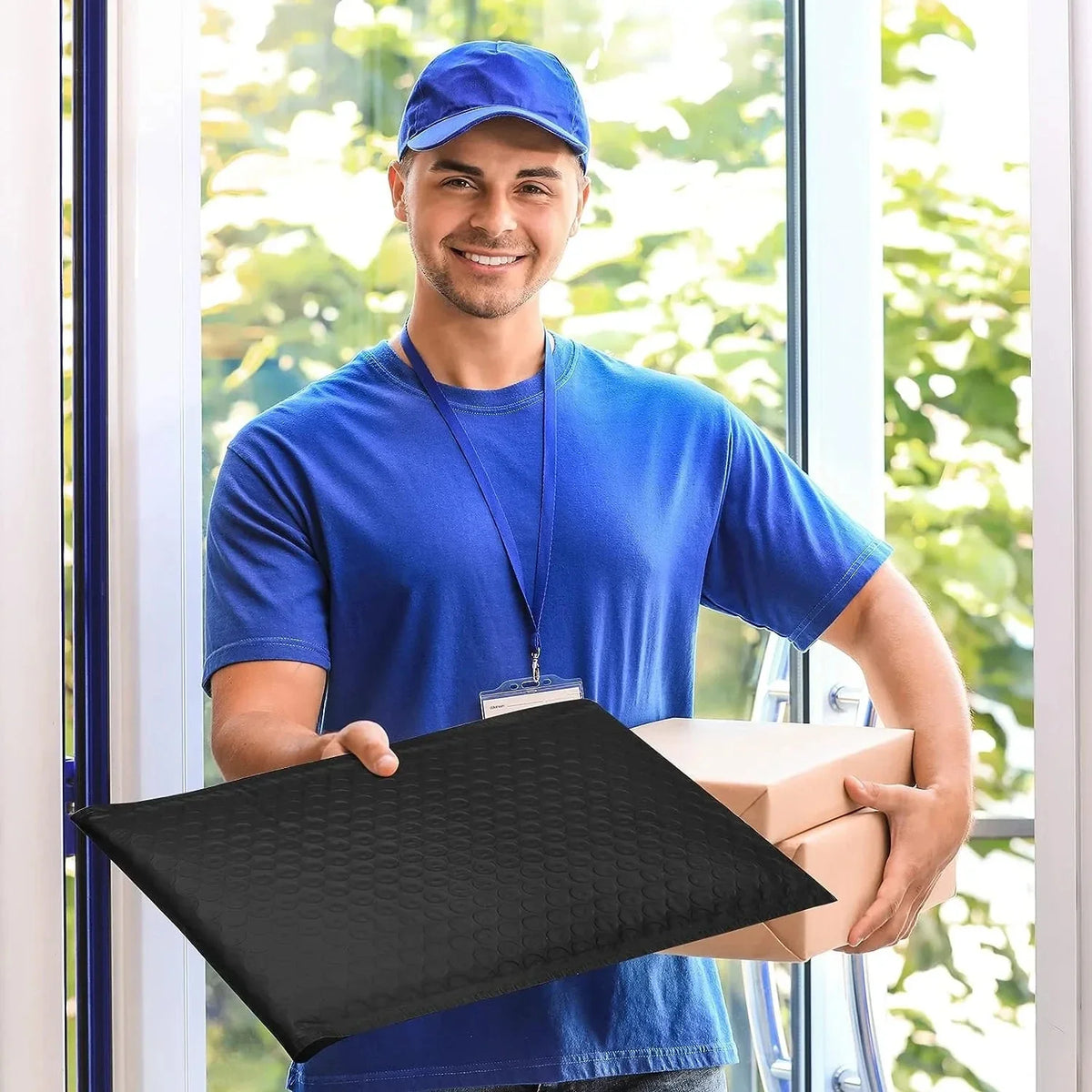 A man in a blue shirt holds a black padded bubble mailer box in front of a window.