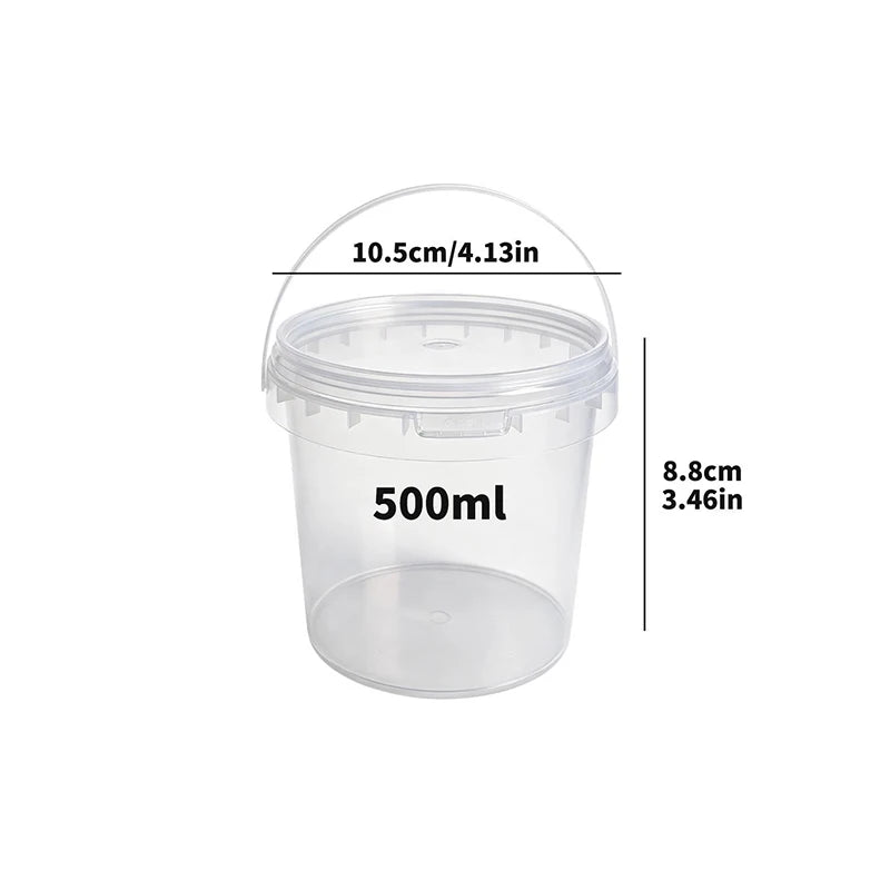 A clear plastic storage container with a lid and handle, measuring 10.5cm in diameter and 8.8cm in height.