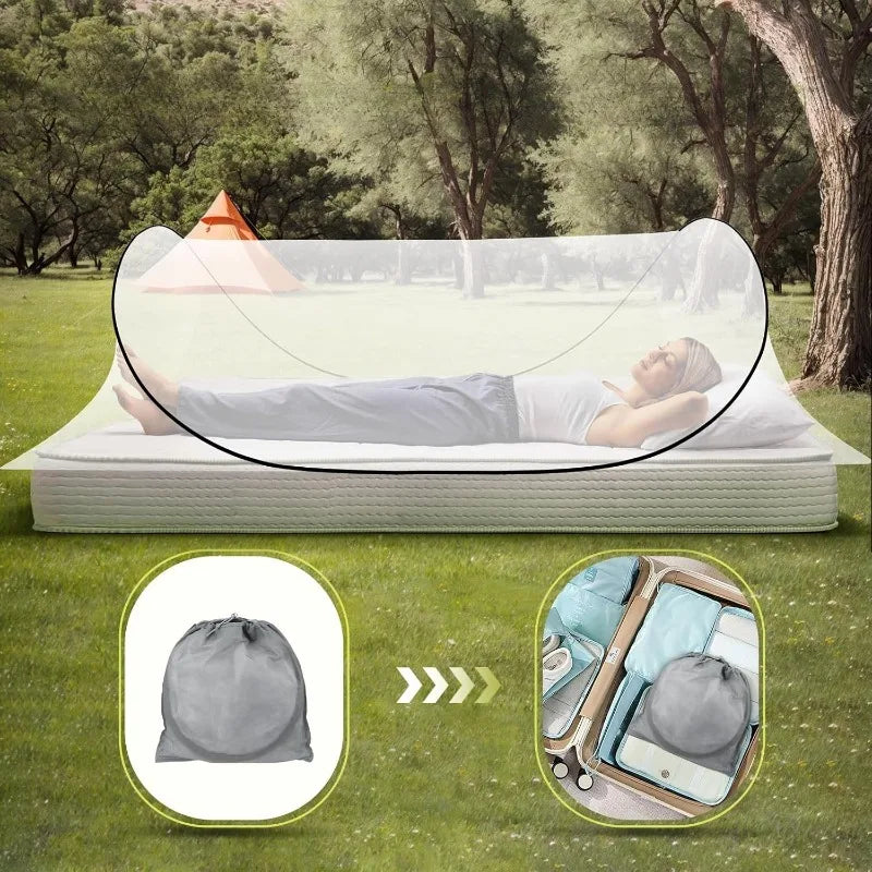 Instant pop-up mosquito net for a single bed shown spread out on grass with a tent in the background