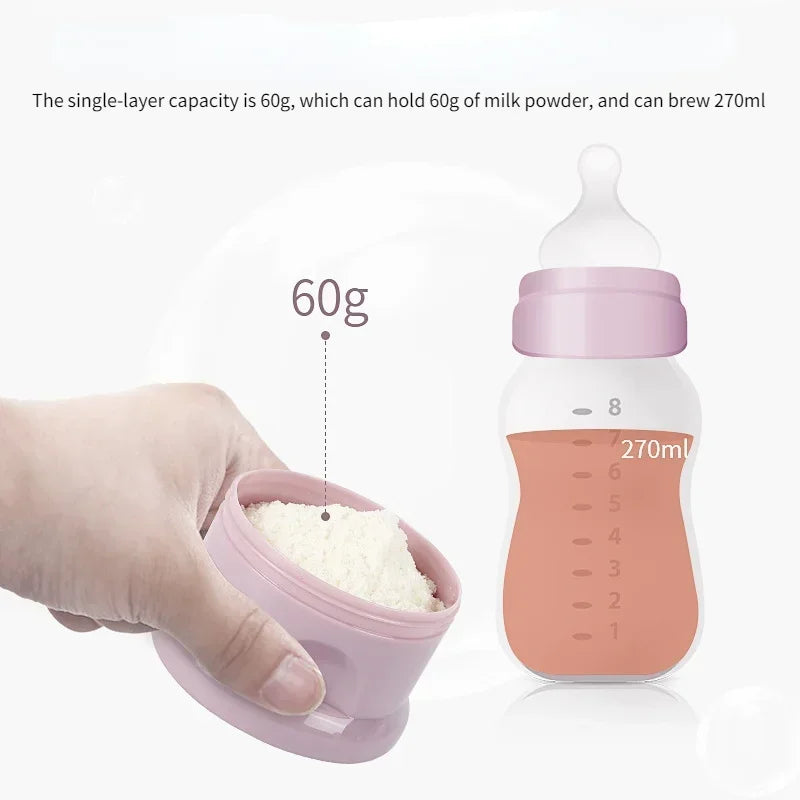 A hand holds a pink bear-shaped baby food storage container, demonstrating its single-layer capacity and 270ml brewing volume