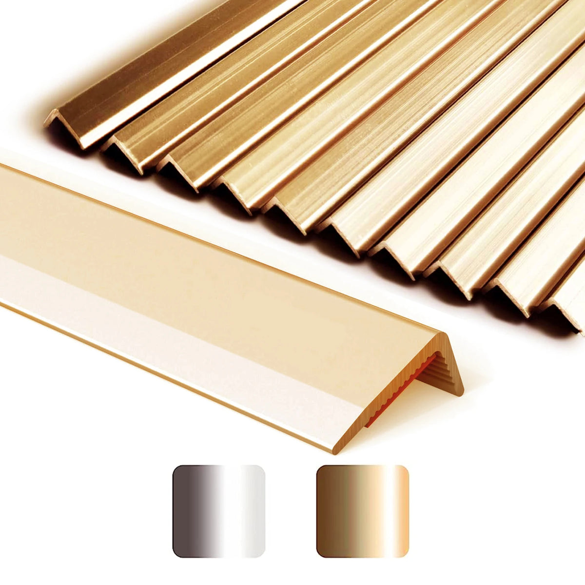 A close-up view of gold and silver self-adhesive metal L-shaped corner protector strips, showing various finishes.