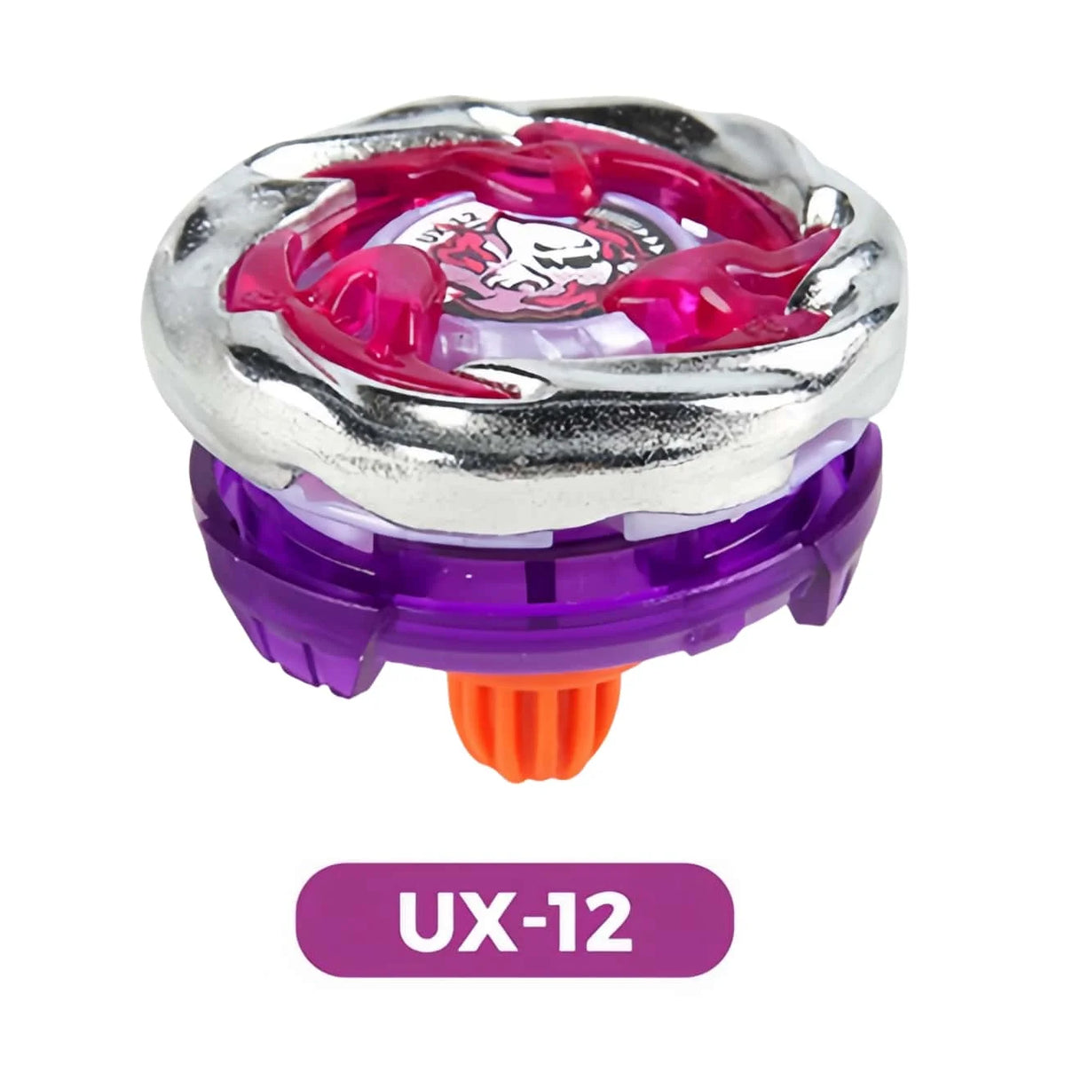 Metal spinning top battle toy with a silver and purple launcher assembly