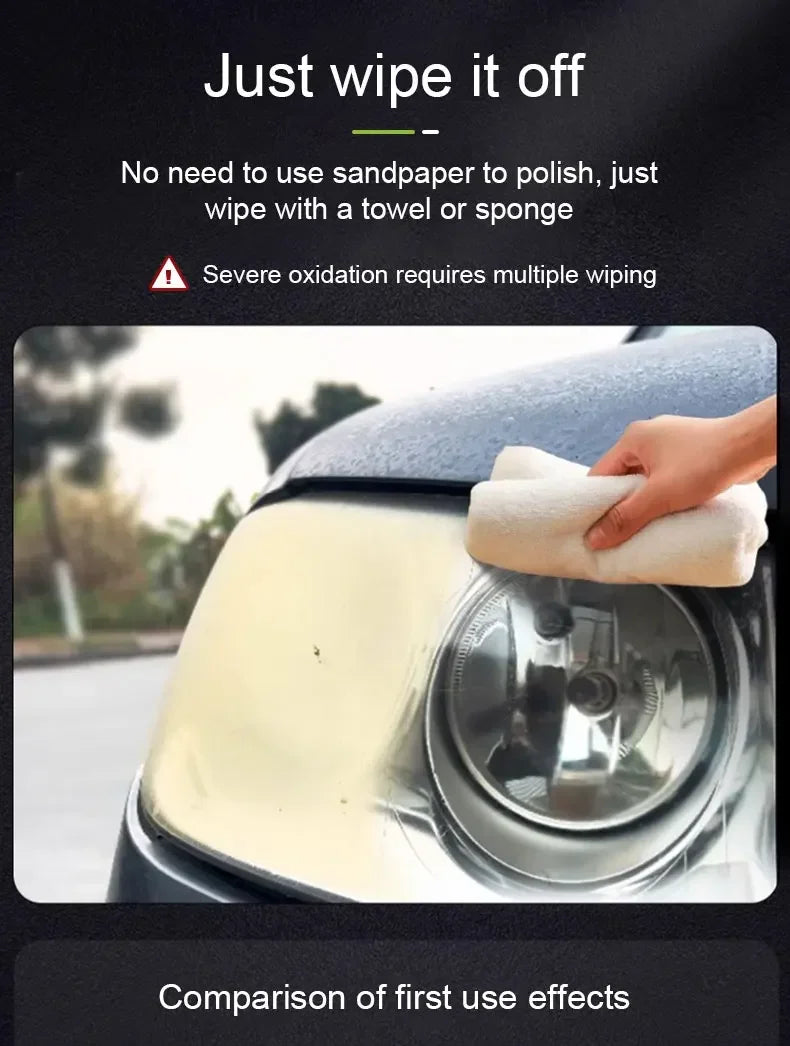 A hand wipes a headlight lens with a white towel to restore clarity and remove oxidation.