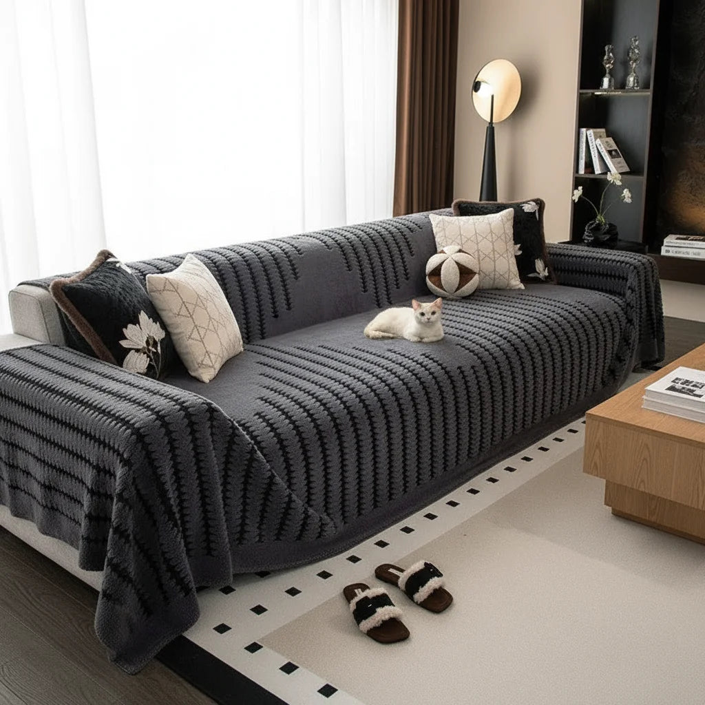 A dark gray woven sofa cover with black stripes is draped over a sofa in a bright living room.