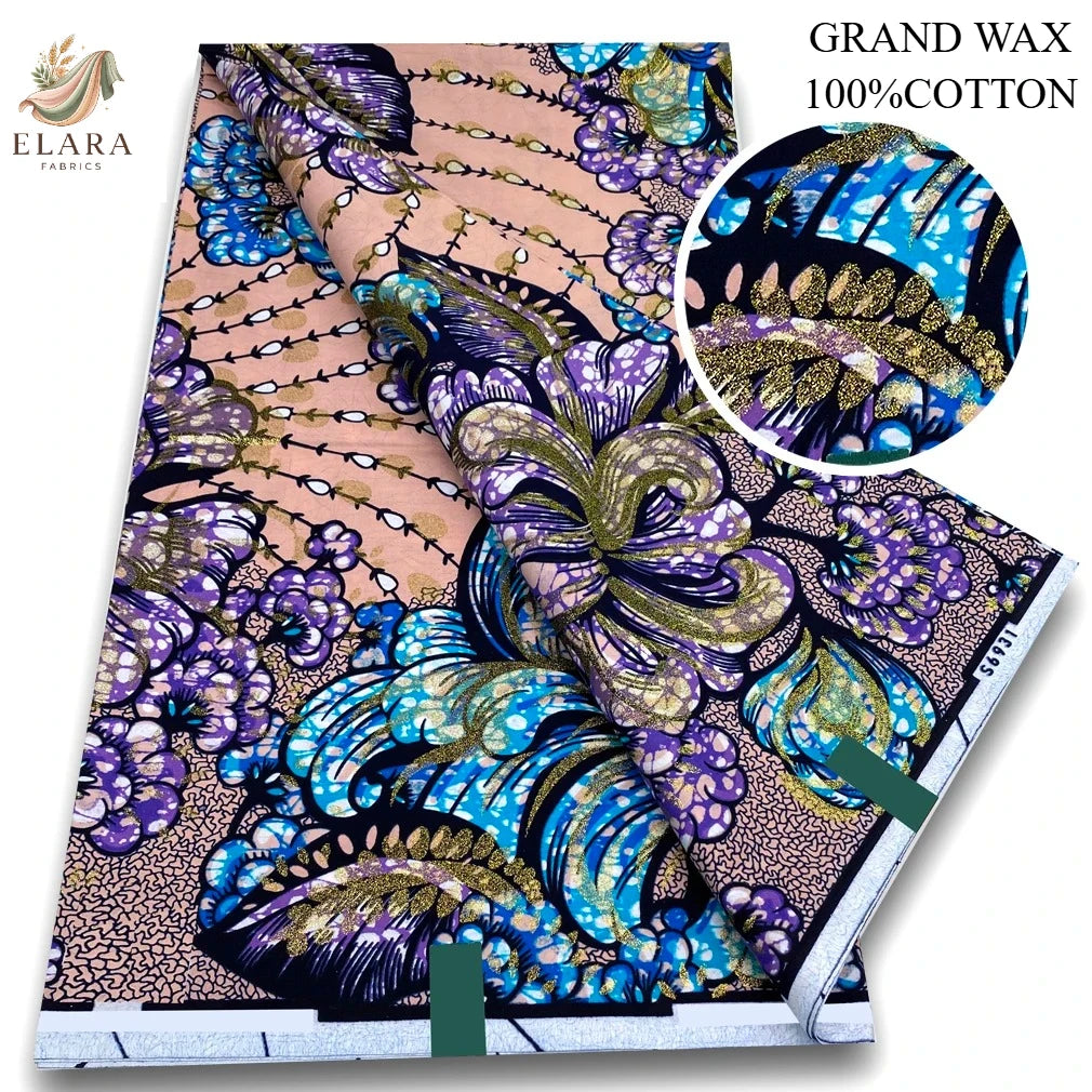 Pink glitter African wax print fabric featuring purple, blue, and gold floral patterns