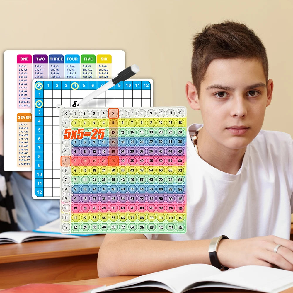 A set of multiplication practice flashcards featuring numbers and an erasable pen for learning.