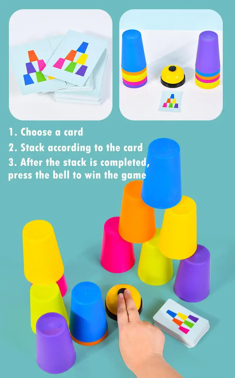 A hand is stacking colorful plastic cups of various sizes and colors, along with an activity card, for a learning game.