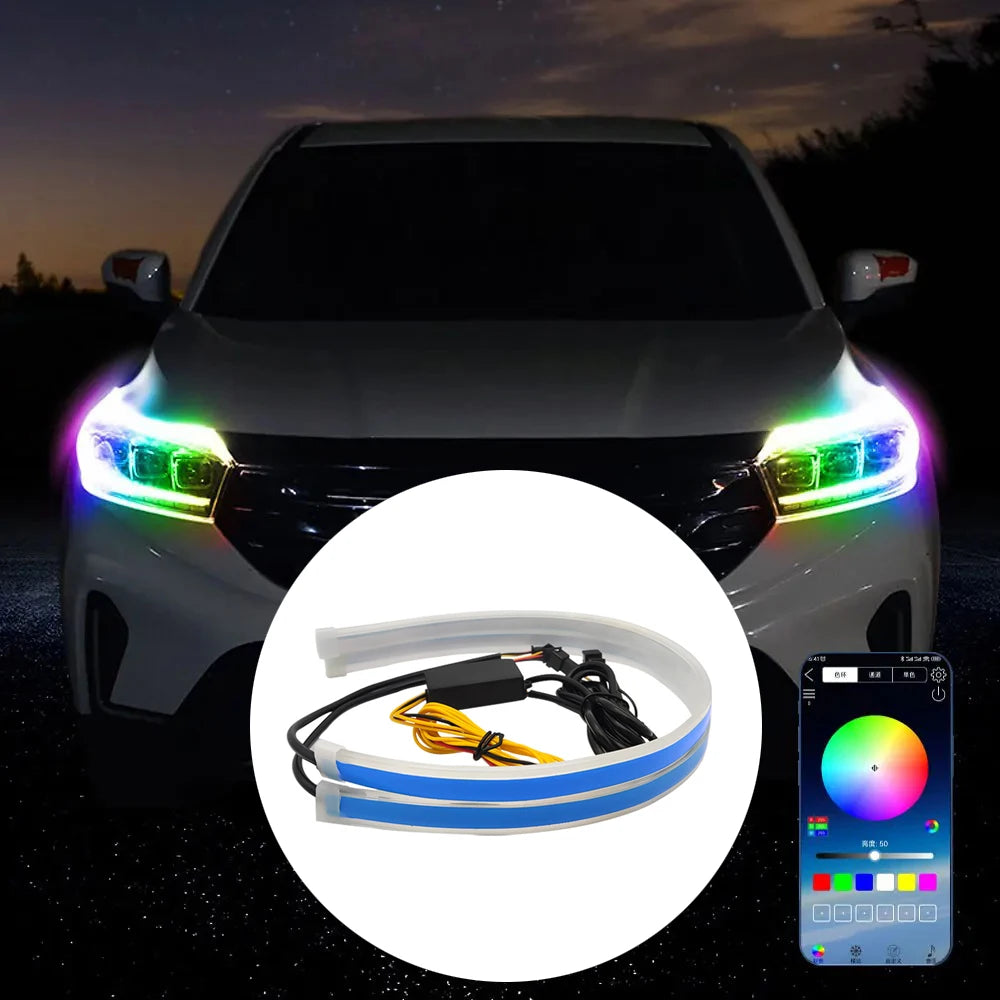 A car's front lights showing colorful RGB LED daytime running lights and a wiring harness for smart control.