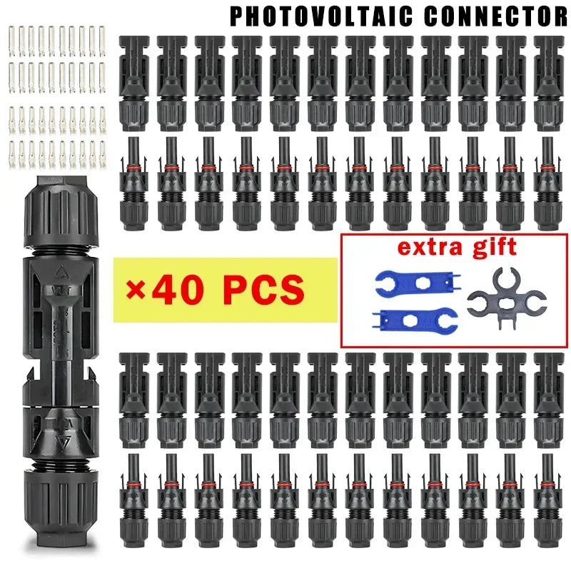A set of black photovoltaic connectors and cable assembly components for solar panel wiring.
