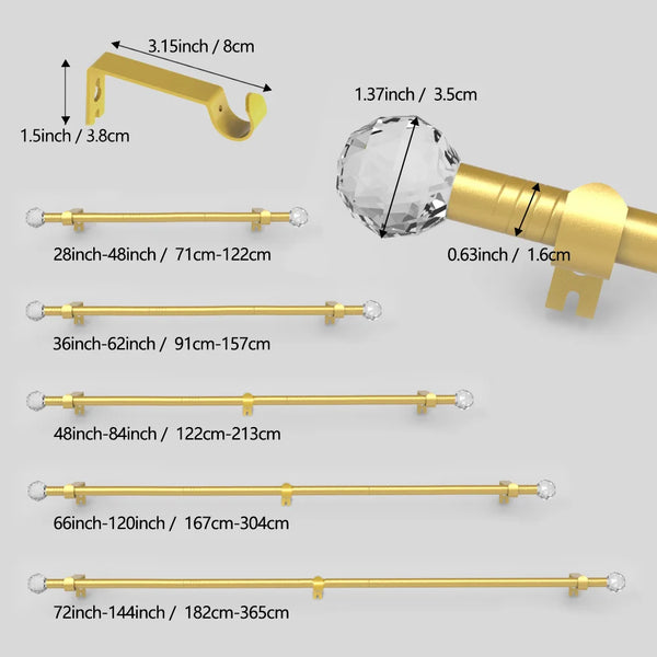 A collection of gold-toned crystal accent curtain rods in various lengths and sizes.