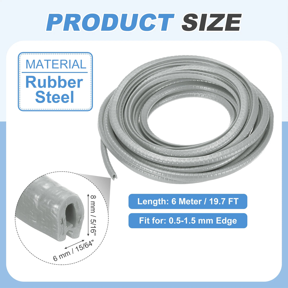 Roll of gray rubber steel trim for protecting edges, showing dimensions and material details.