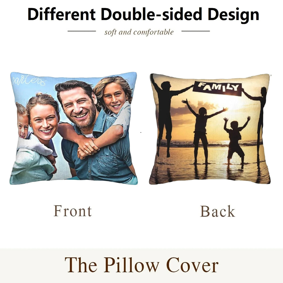 Front and back views of a pillow cover featuring a family portrait print