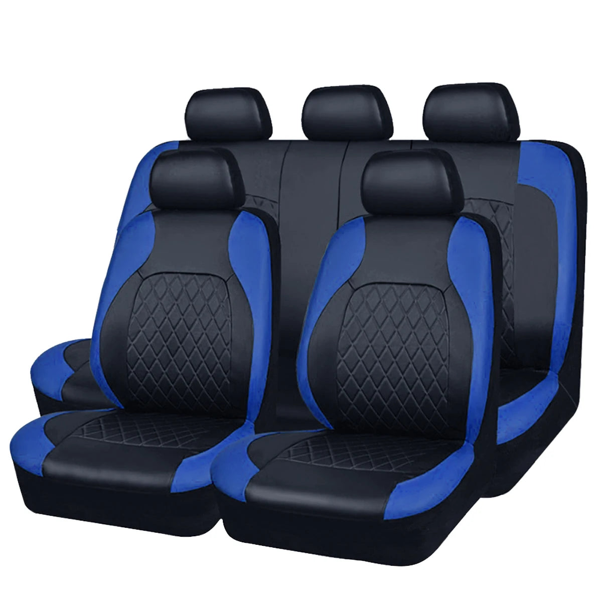 Protections de siège en cuir PU noir et bleu toute saison avec cinq housses individuelles.