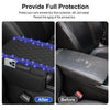 Before and after comparison showing a diamond quilted car armrest cover protecting the original box from scratches and dirt