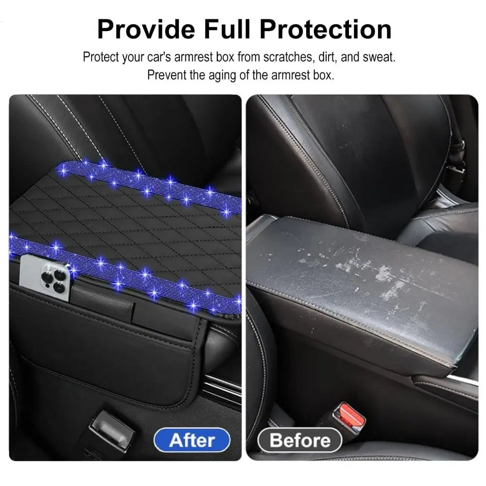 Before and after comparison showing a diamond quilted car armrest cover protecting the original box from scratches and dirt