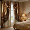 Pair of luxurious brown and gold Baroque print curtain panels framing a window in a bedroom setting.