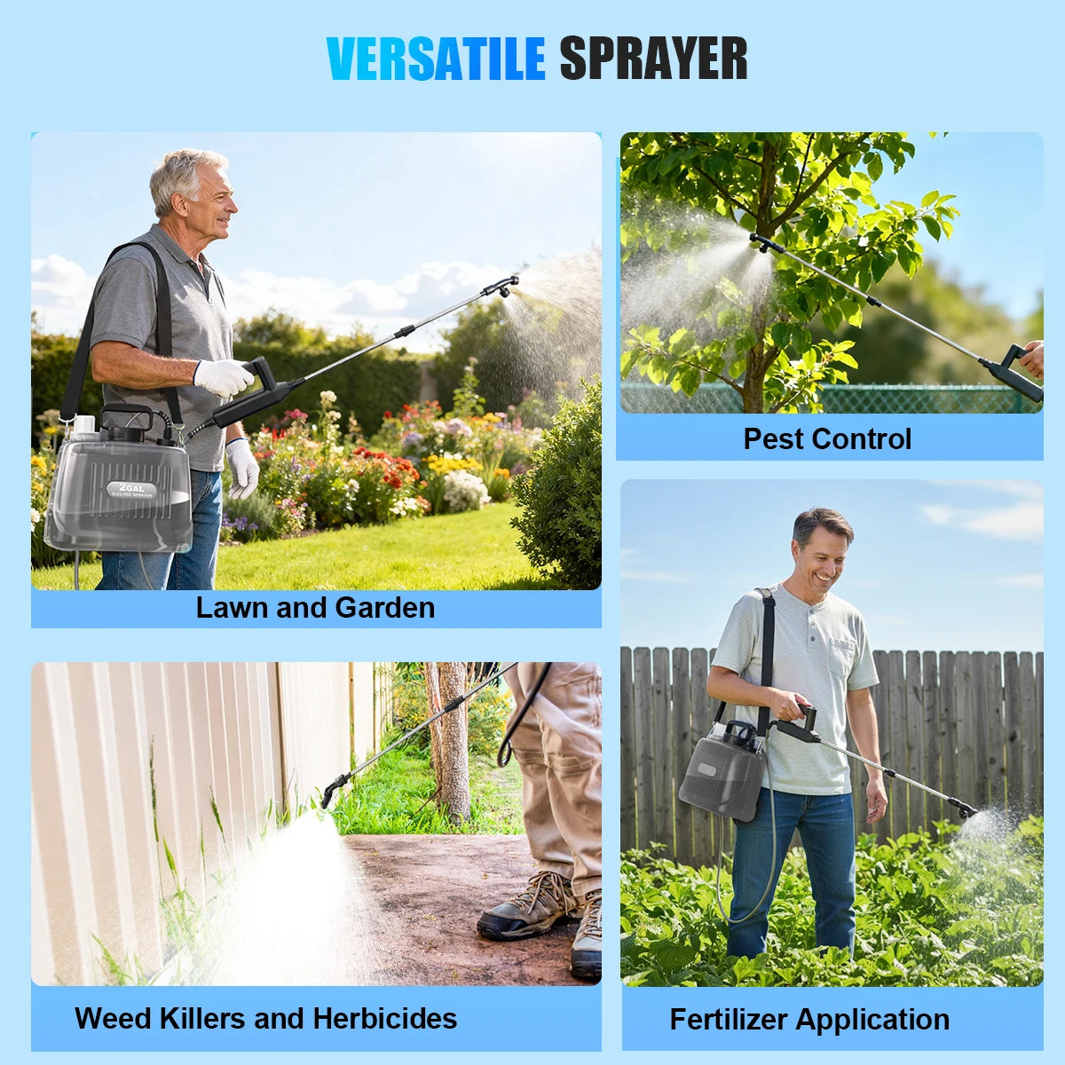 Versatile sprayer used for pest control, lawn and garden application, weed killers, and fertilizer treatment.