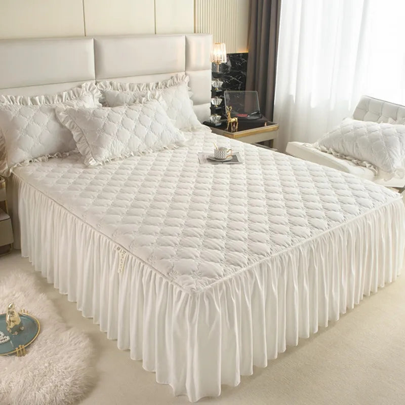 Quilted Solid Color Bed Skirt with Pleated Ruffle