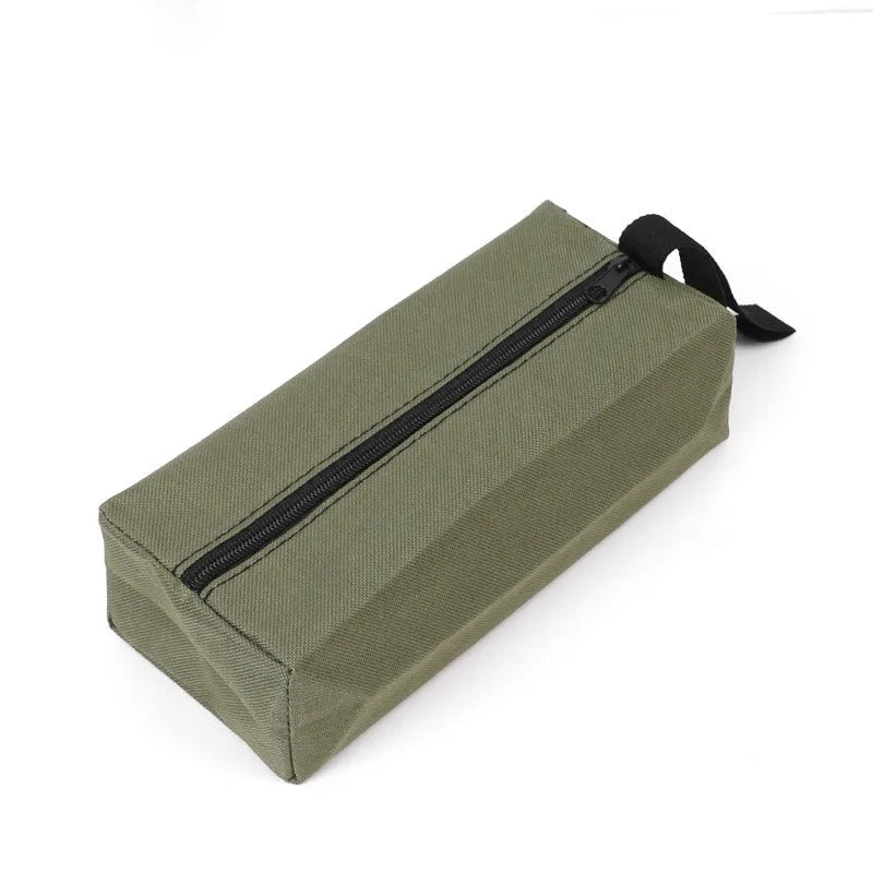 Olive green compact tool organizer bag with a black zipper and strap