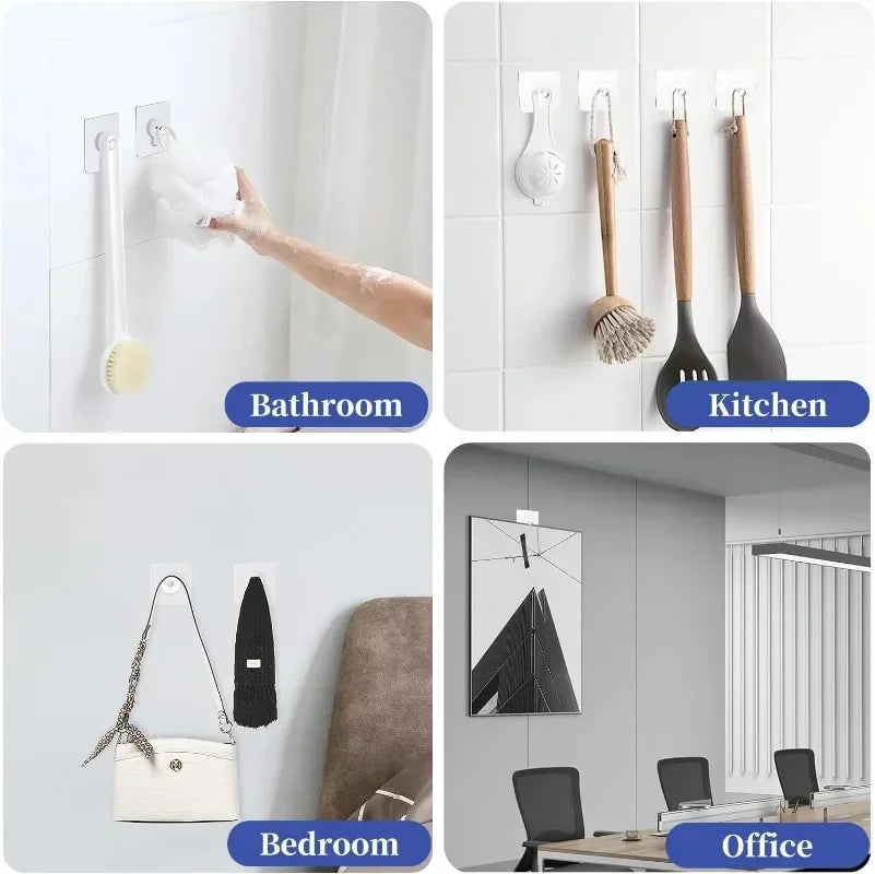 A collection of self-adhesive wall hooks for various items like toothbrushes, kitchen utensils, and framed photos in differen