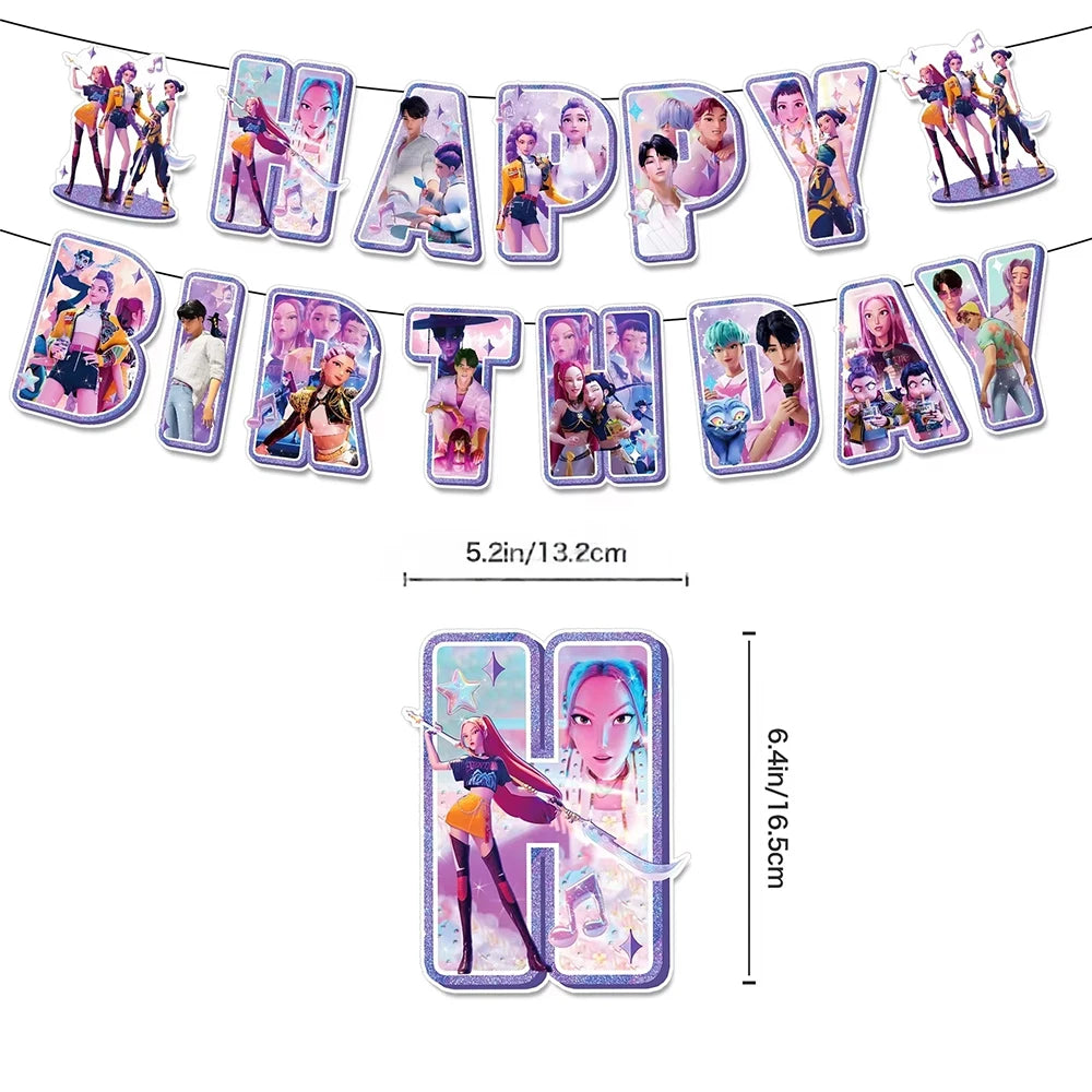 A set of K-Pop themed birthday party decorations featuring various character photos and banners.