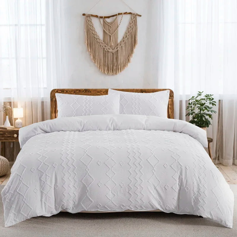 Tufted Boho Chic Duvet Cover Set with Textured Microfiber