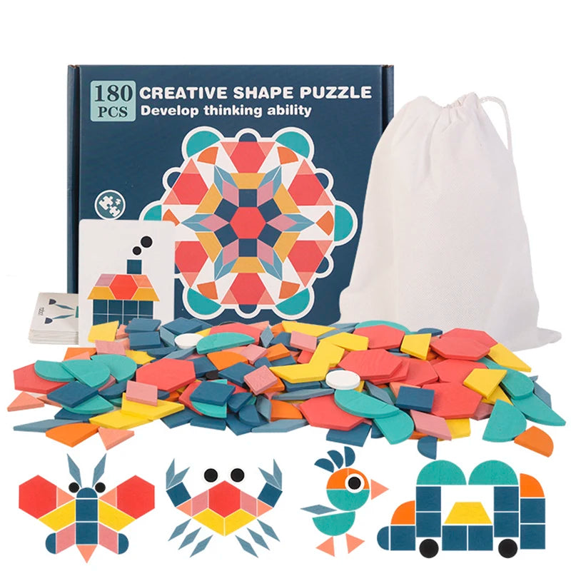 A box and pile of colorful wooden puzzle pieces for a creative shape puzzle set