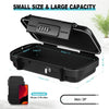 Black portable travel safe lock box with combination lock and detachable cable shown open and closed.