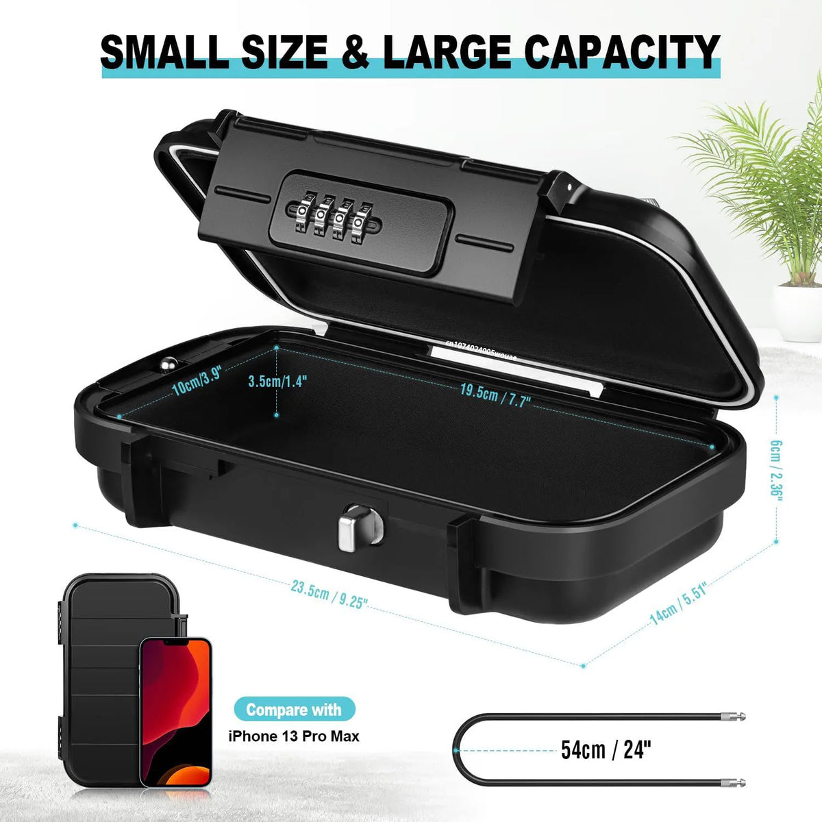 Black portable travel safe lock box with combination lock and detachable cable shown open and closed.