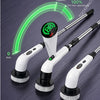 Cordless electric spin scrubber with interchangeable heads shown with a green operation timer.