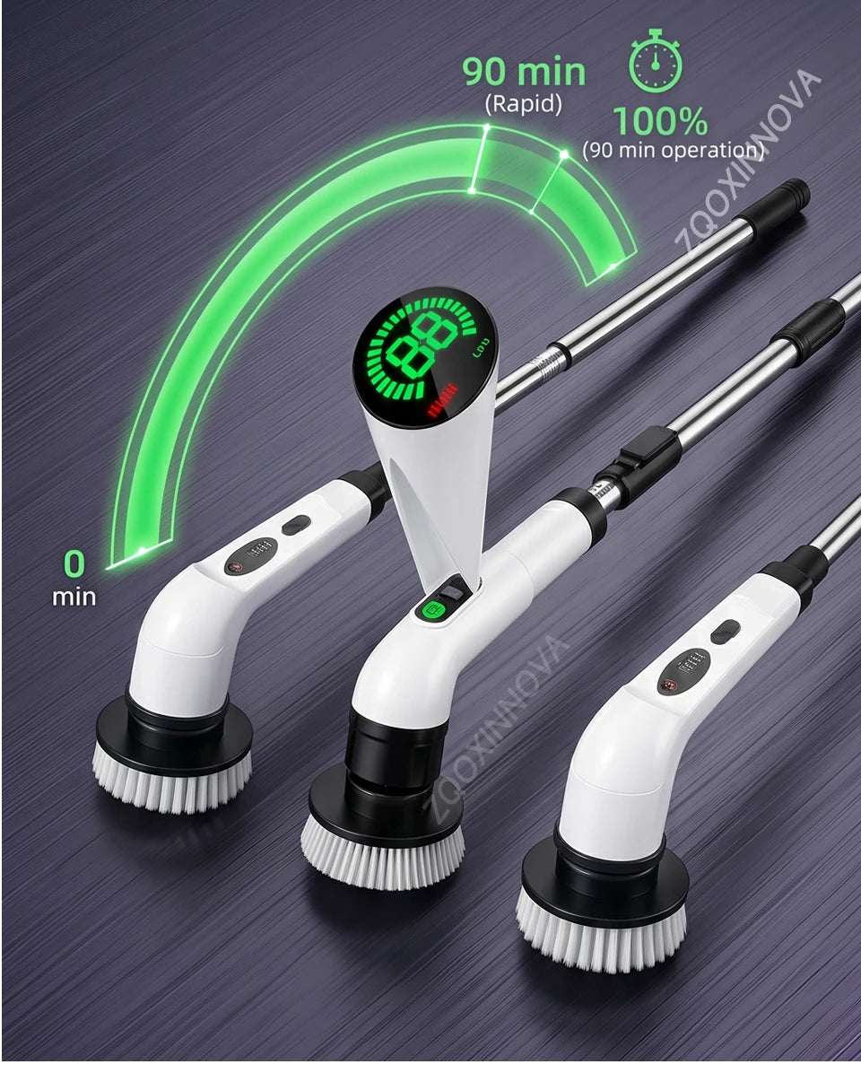 Cordless electric spin scrubber with interchangeable heads shown with a green operation timer.
