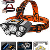 Orange and black LED headlamp with an adjustable strap and battery compartment shown on a white background.