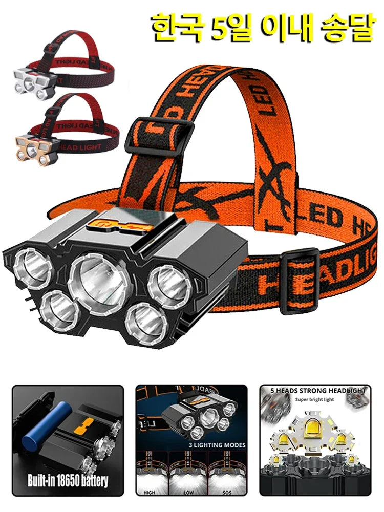Orange and black LED headlamp with an adjustable strap and battery compartment shown on a white background.