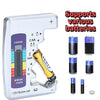 A silver digital battery tester device showing various battery types and a plus sign symbol.