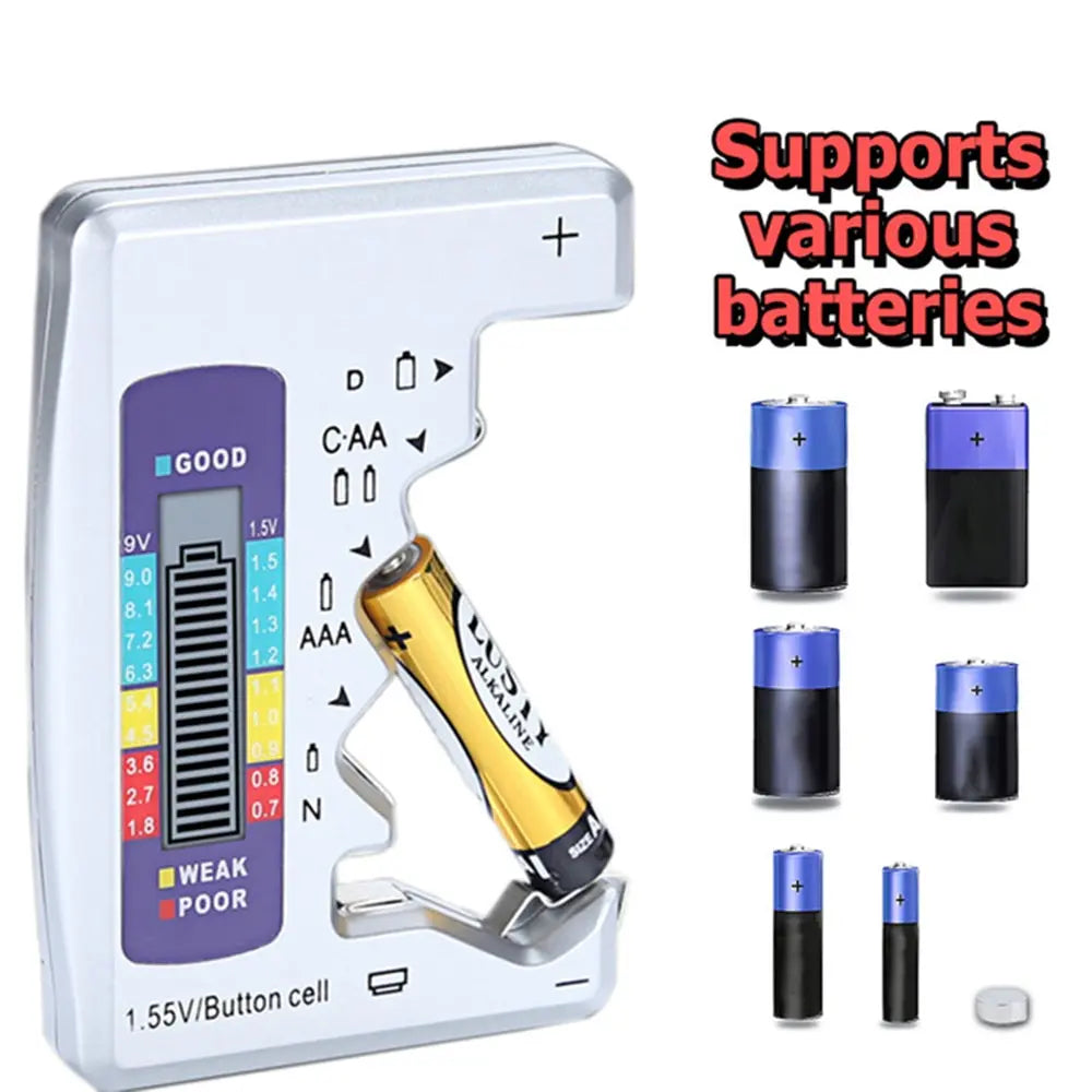 A silver digital battery tester device showing various battery types and a plus sign symbol.