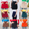 A collection of women wearing classic half aprons with pockets in various colors like red, black, beige, and green.