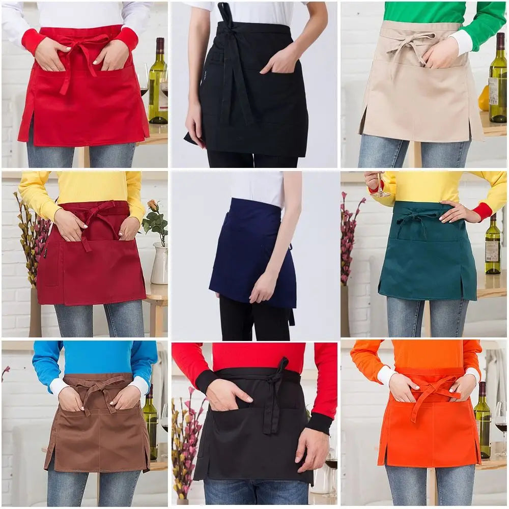 A collection of women wearing classic half aprons with pockets in various colors like red, black, beige, and green.