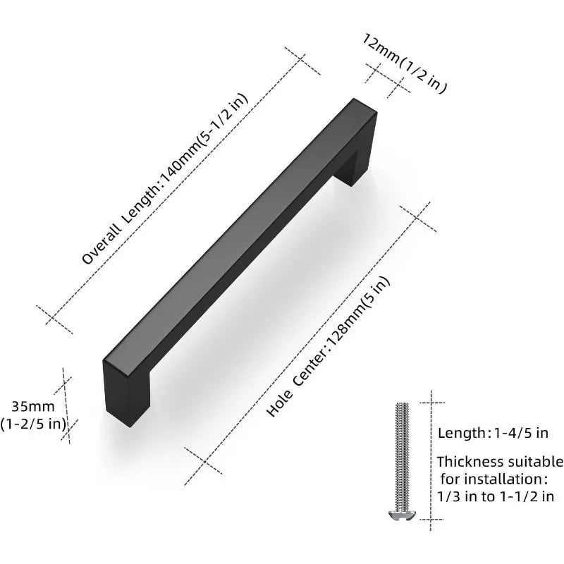 Matte black stainless steel cabinet pull with a 12mm projection and a 35mm length.