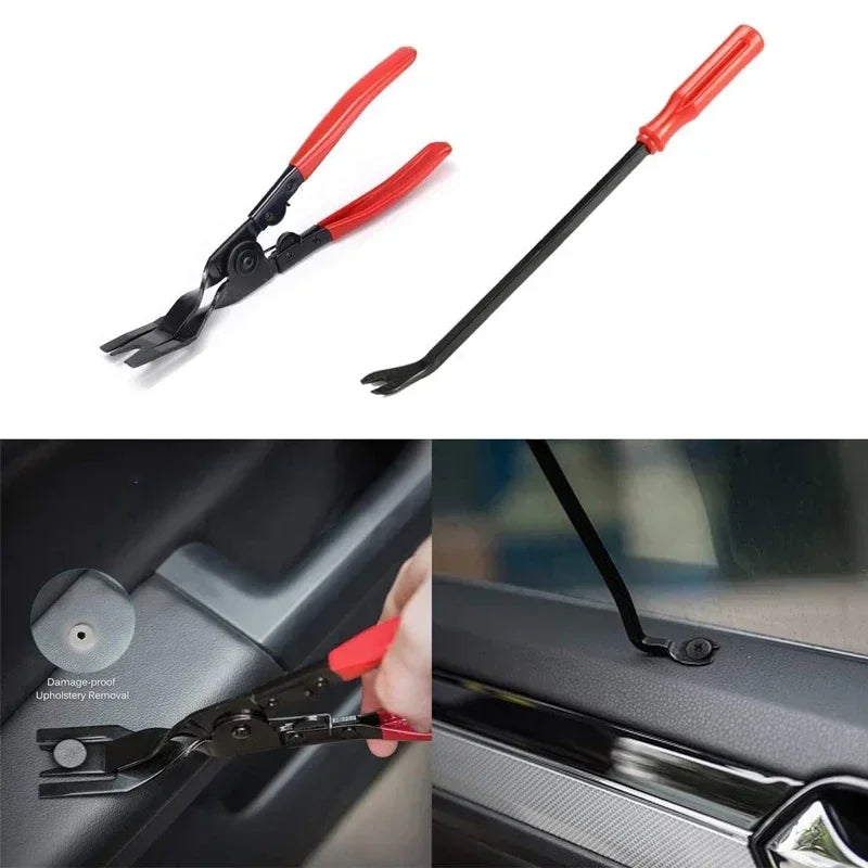 Red automotive trim removal tool kit showing a clip puller being used on a car door panel.