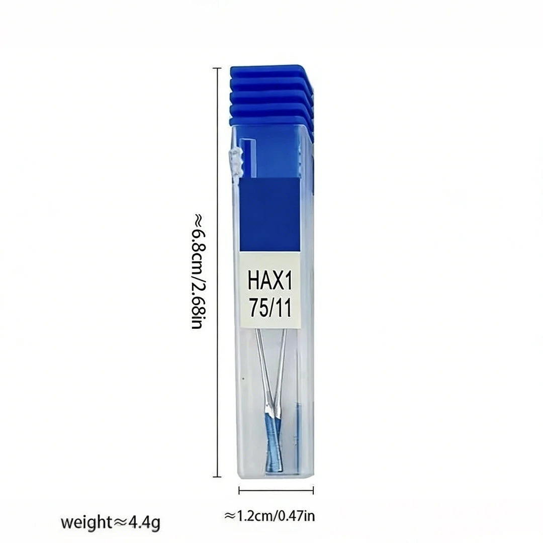 A clear plastic container holding a multi-pack of blue anti-skip sewing machine needles labeled HAX1 75/11.