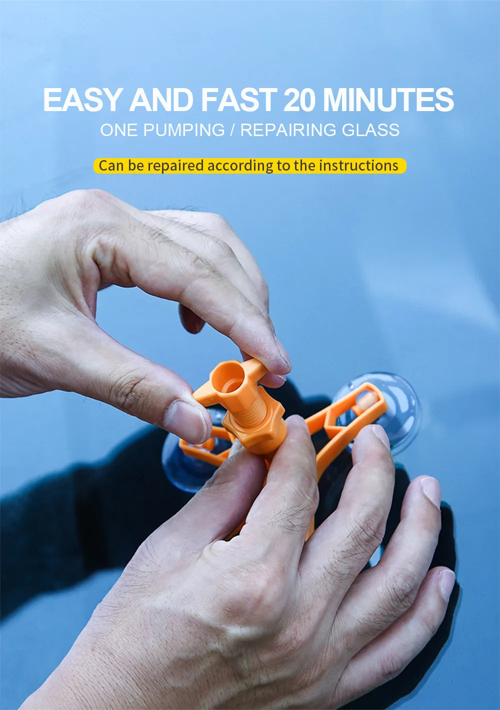 Hands are applying an orange glass repair kit to a windshield, demonstrating easy and fast 20-minute repair.