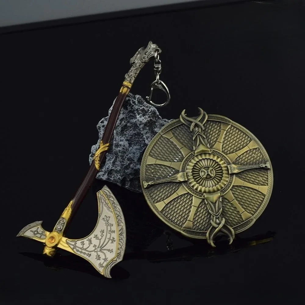 A metal sword keychain and collectible ornament featuring a stylized blade and a circular ornament on a dark background.
